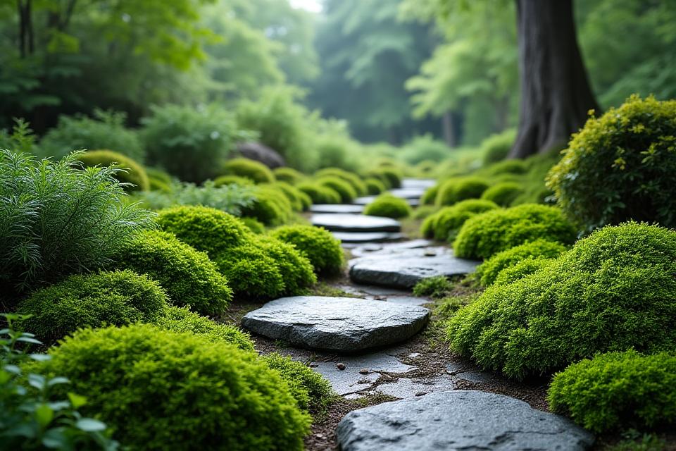 持続可能な日本庭園の苔と石の小道
