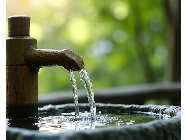 竹筒から水が流れ落ちる伝統的なししおどし