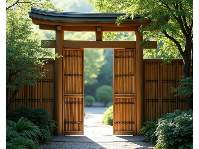 竹と縄で編まれた精巧な庭園の門