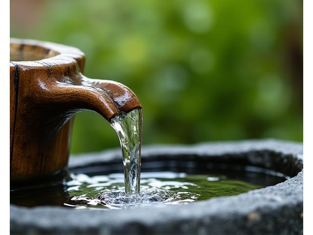 竹製の筧から水が静かに流れ落ちる、禅的な水景