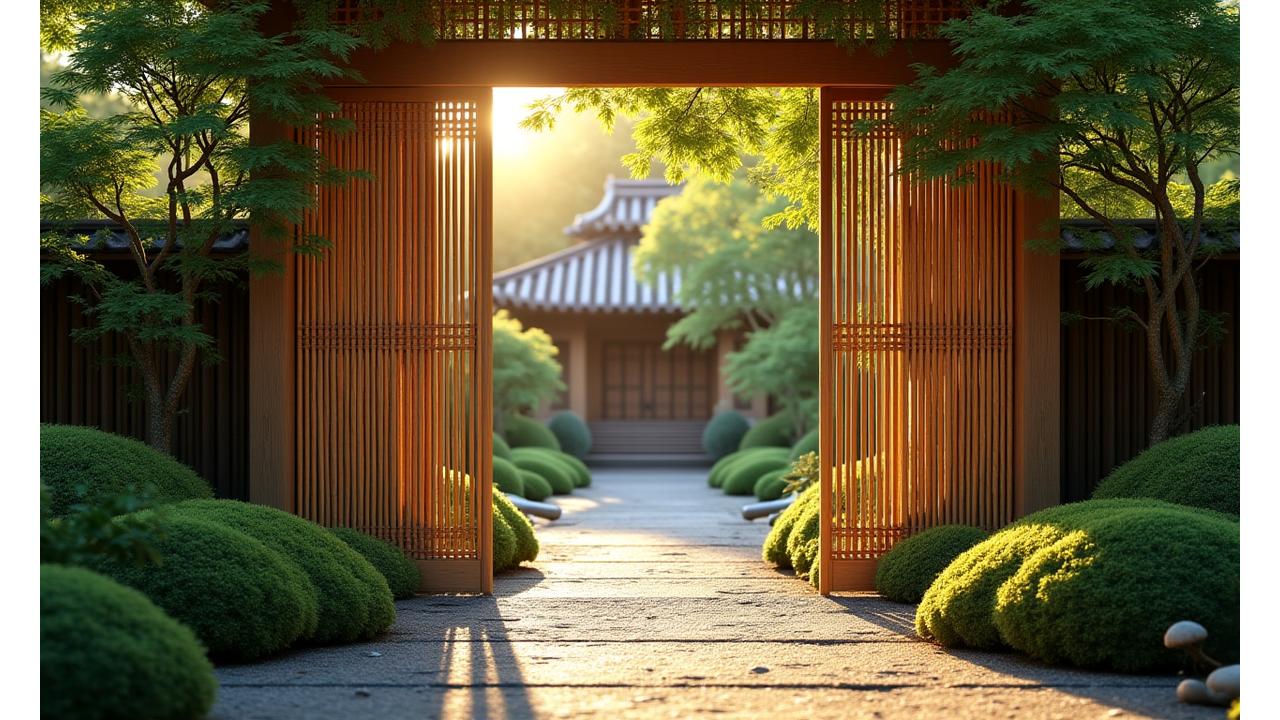 伝統的な竹工芸で作られた美しい茶庭の入り口と、朝日に照らされた静かな茶室