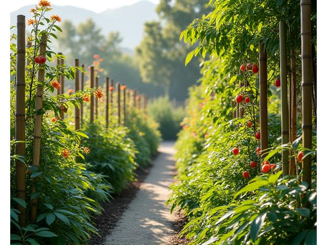 竹を利用した植物の支柱とトレリス、日本の家庭菜園