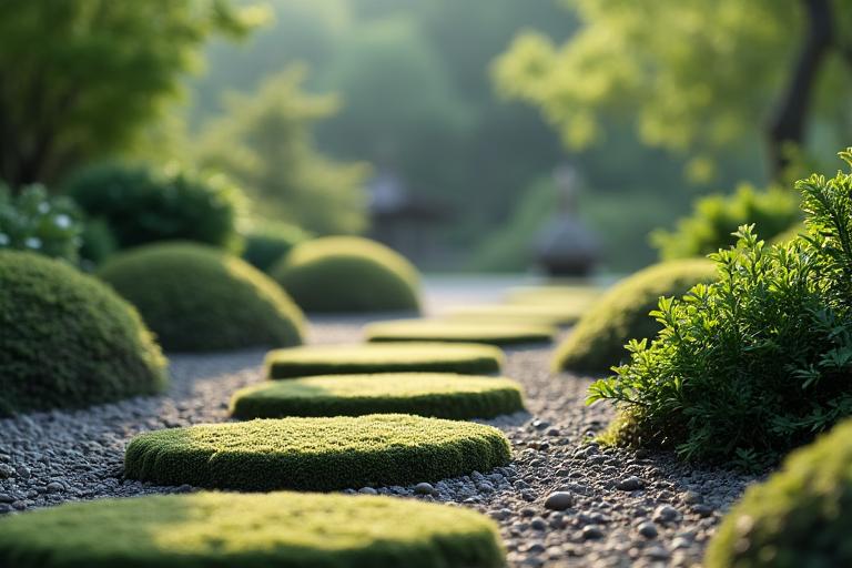 苔むした石畳と静かな手水鉢がある茶庭の露地(アプローチ)