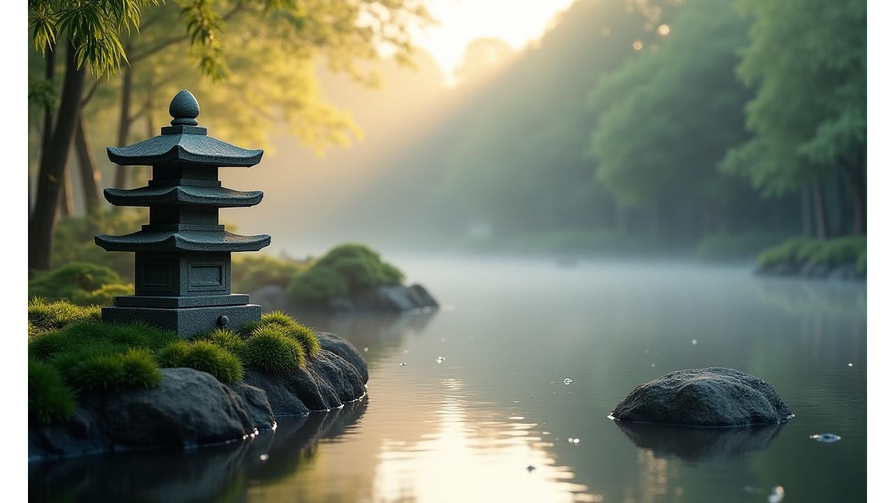 茶庭の一部、石灯籠と手水鉢、朝霧に包まれた静寂な風景