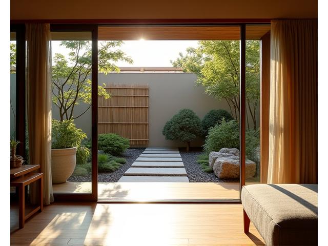 ミニマリストな住宅の裏庭。屋内外の空間がシームレスに繋がり、竹のプライバシースクリーンと石畳が特徴的です。