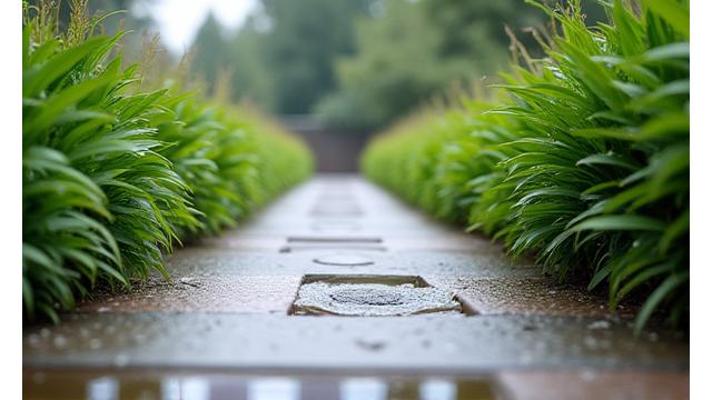 透過性舗装の上を穏やかに流れる雨水を示すクローズアップ、都市の排水問題に対応する持続可能な解決策です。