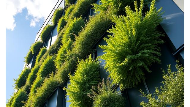 多種多様な植物が生い茂る都市の垂直庭園。現代的な建物に生命感を吹き込み、都市の緑化を促進します。