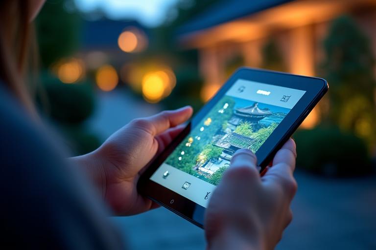 タブレットで庭園照明を操作する様子