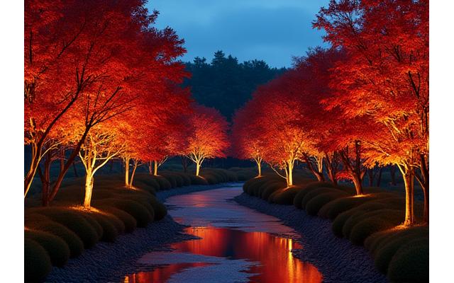 紅葉がライトアップされ、深紅に照らされた秋の日本庭園