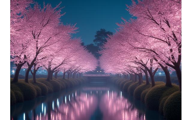 夜桜がライトアップされ、水面に映る春の日本庭園
