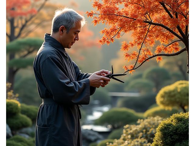剪定ばさみと手袋を持った園芸家が、手入れの行き届いた日本庭園で丁寧に植物を剪定している様子