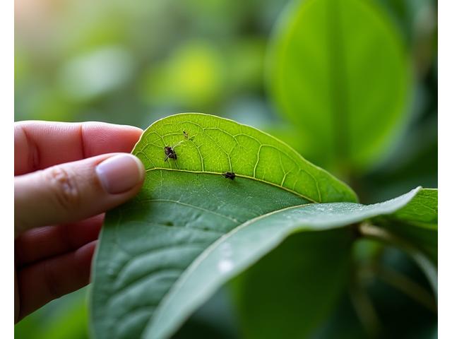 拡大鏡で植物の葉を検査し、病気の兆候を探す専門家の手元のクローズアップ
