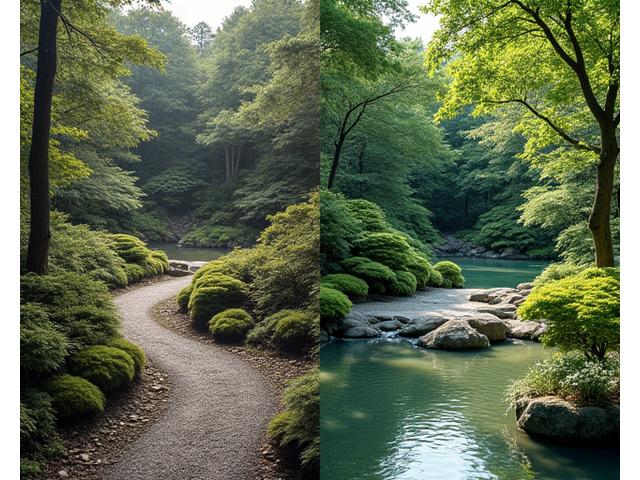 荒廃した状態から活力に満ちた庭園へと変貌した、ビフォーアフターの並列写真。かつては雑草に覆われていたが、現在は手入れの行き届いた植栽と小道が特徴