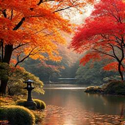 紅葉が美しい、落ち着いた色の秋の日本庭園