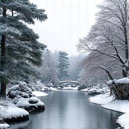 静寂な雪に覆われた冬の日本庭園