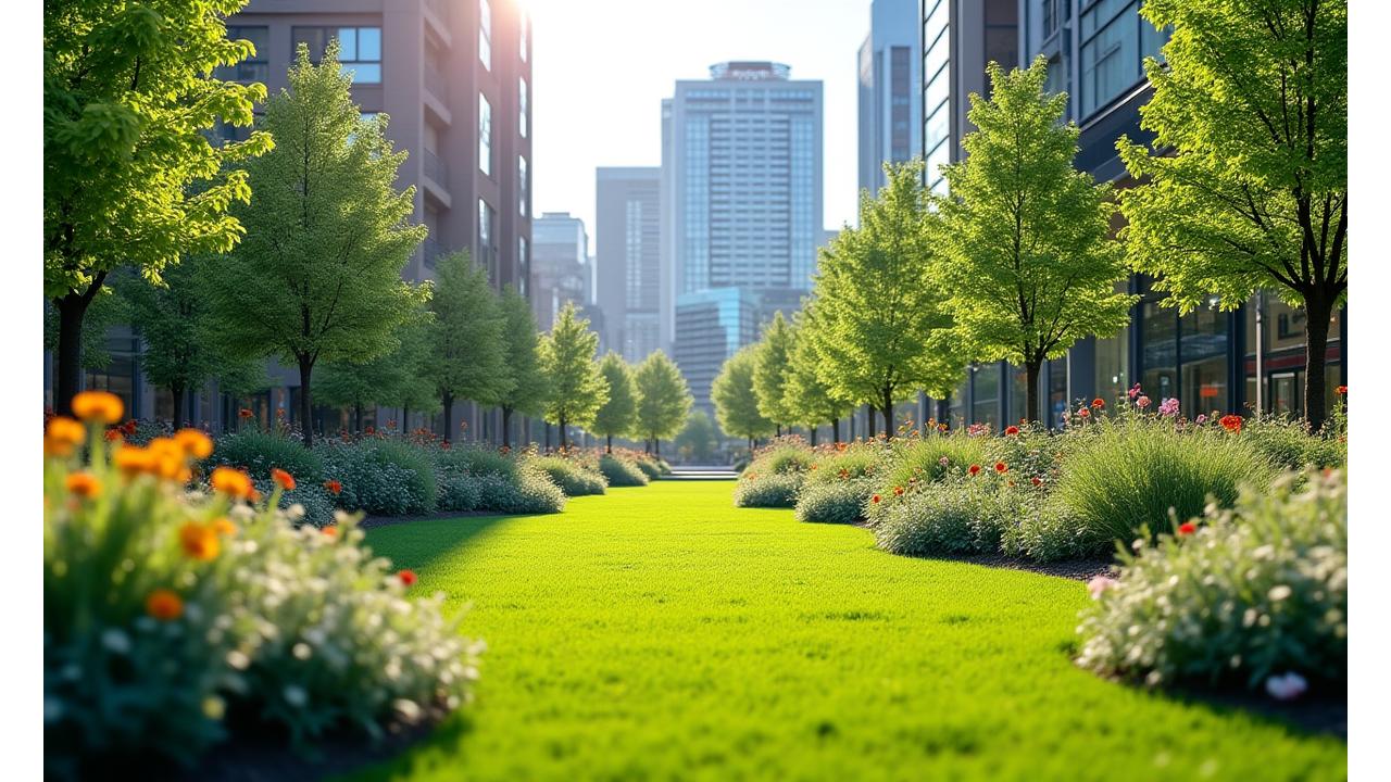 新宿の密集した都市空間にある広々とした都市緑地