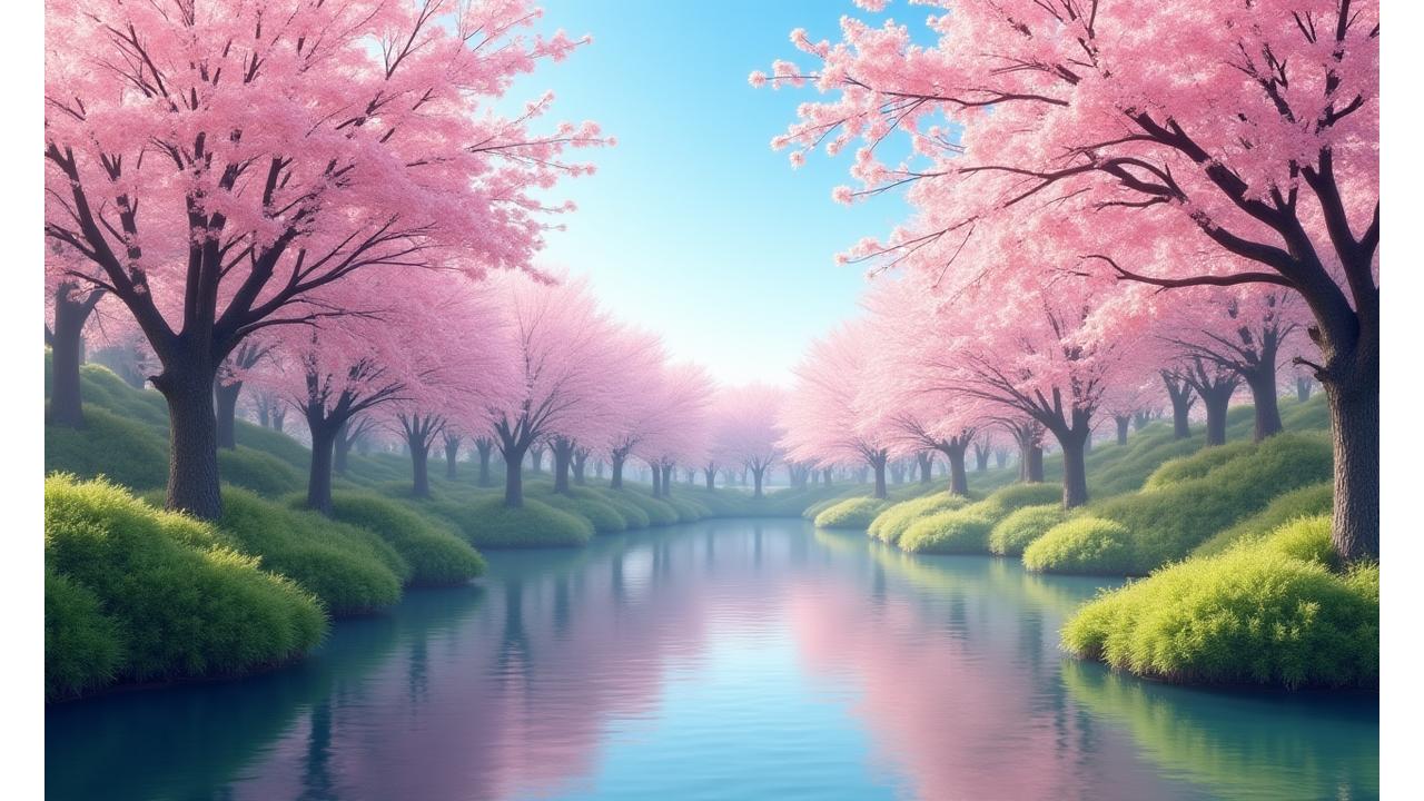 満開の桜と新緑が美しい春の日本庭園