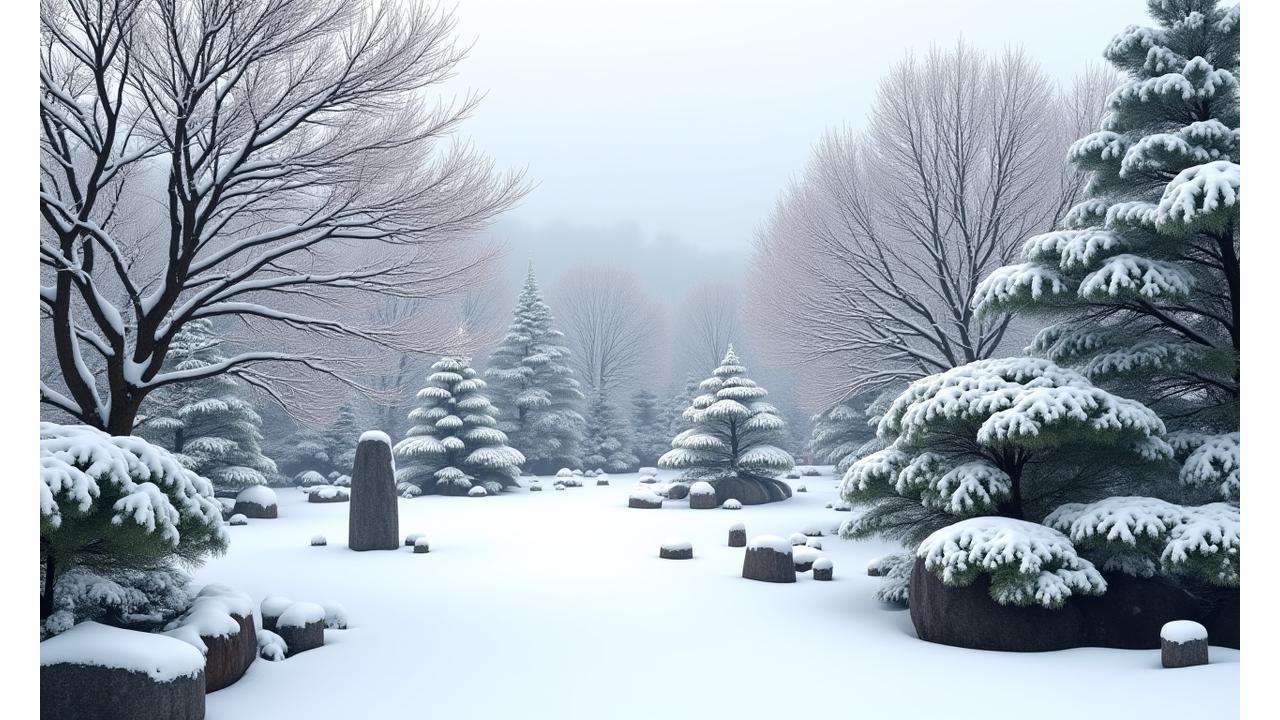 雪が薄く積もり静寂に包まれた冬の日本庭園