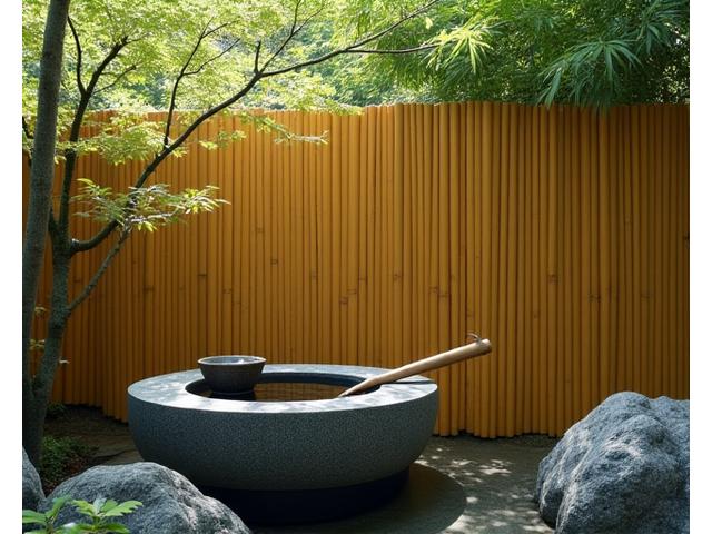 繊細な竹垣と生け垣がある茶庭