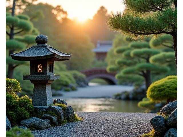 伝統的な日本庭園の石灯籠と手入れされた木々