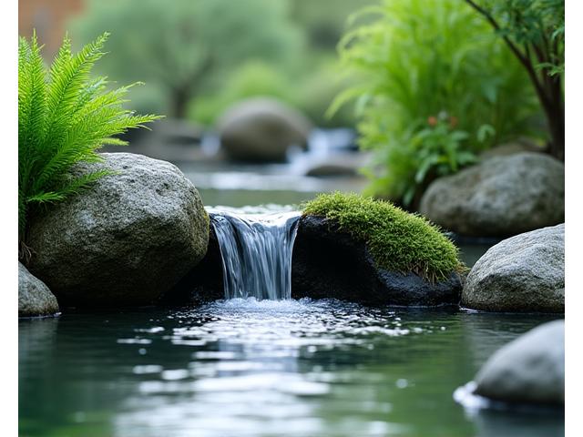 穏やかな水の流れと苔むした石の水景