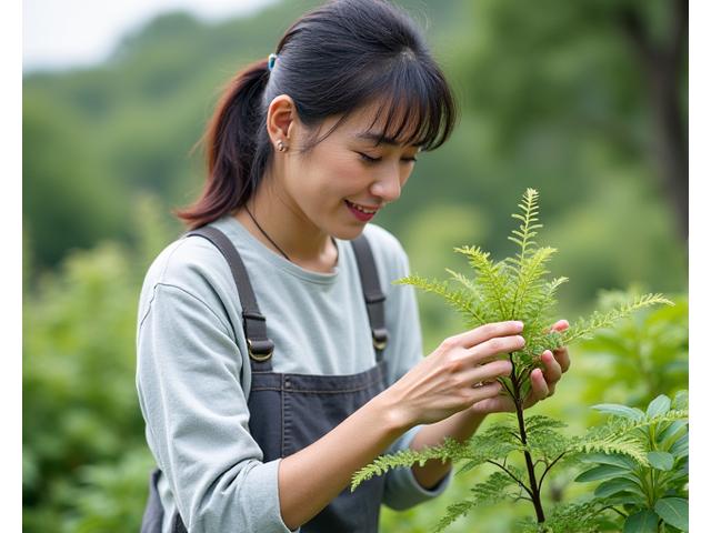 日本の山野草を優しく手入れしている植物学者、田中美咲
