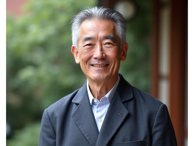 日本の茶室の前に立つ経験豊富な庭園デザイナー、佐藤健一