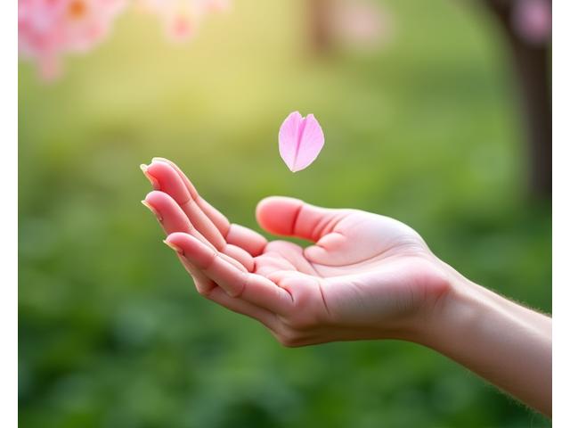 開いた手のひらに優しく舞い落ちる桜の花びら。選択の自由とデータ主導権を象徴的な美学で表現。