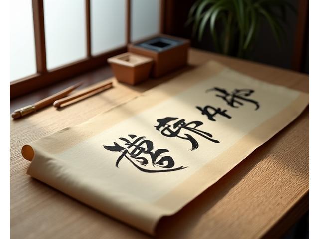 情報が記された竹製の巻物と、その周囲に日本の伝統的な筆記具。データ収集の繊細かつ厳密なプロセスを象徴。