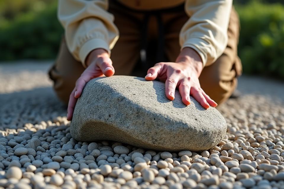 熟練の庭師が大きな自然石を慎重に据え付ける様子。周囲には調整された砂が広がる。