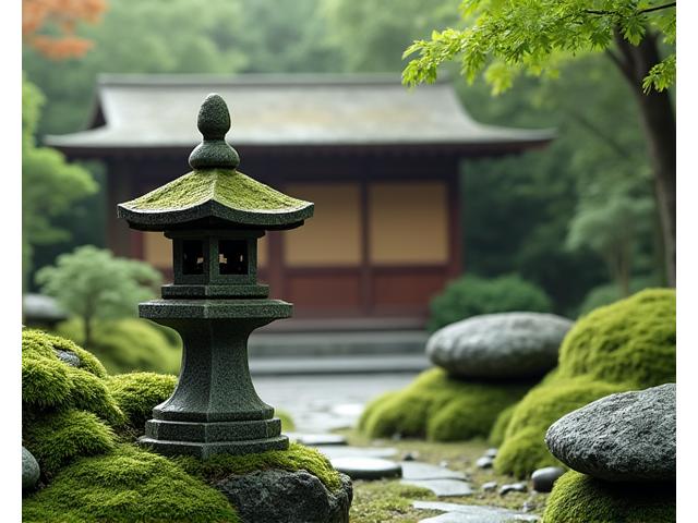 苔むした庭園に佇む趣のある石灯籠。その後ろには簡素な木造の茶室が見える。