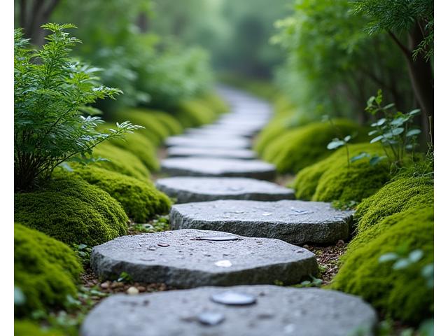 自然石を巧みに配置した延段(のべだん)の小道。周囲にはしっとりとした緑が広がる。