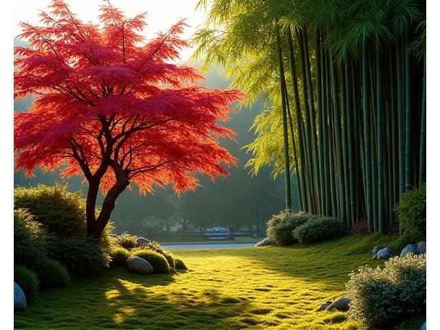 紅葉したモミジと青々とした竹林が織りなす日本の庭園。足元には苔が鮮やかに広がる。