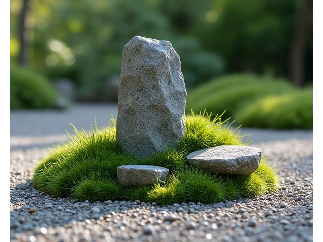 三尊石組を特徴とする伝統的な石組み。苔に覆われた自然石が安定した構図を形成している。