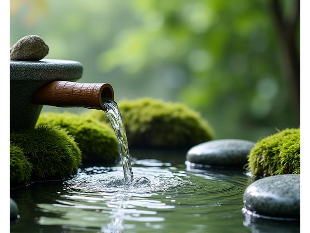 清らかな水が流れ落ちる竹製の筧と、それを満たす石の手水鉢。周囲にはしっとりとした苔が広がる。