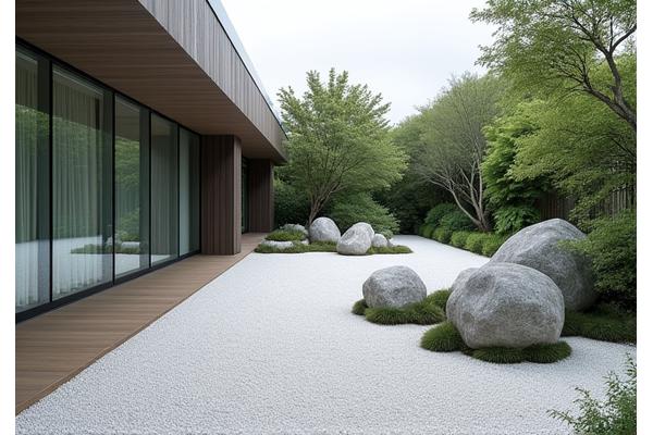 東京赤坂の住宅に造られたミニマルな枯山水庭園。大きな岩と白い砂利が禅宗の静けさを表現。