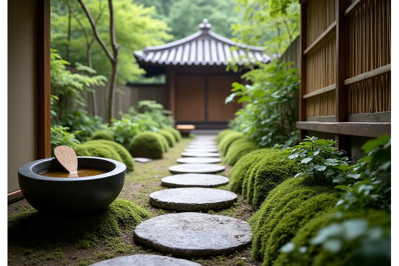 茶室へと続く飛石の小道と、その脇に据えられた蹲踞が特徴的な茶庭。