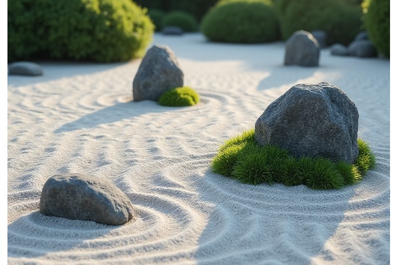 静かで哲学的な枯山水庭園。白い砂利が耙で丁寧に波紋を描き、数個の石が配置されている。