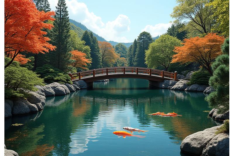 広々とした池泉回遊式庭園。池には錦鯉が泳ぎ、木製の橋が架かり、周囲には豊かな緑が広がる。