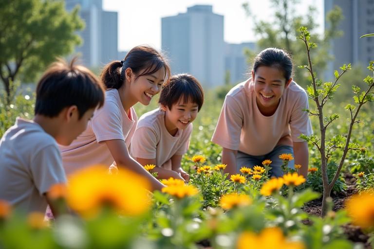 地域住民が協力して都市庭園で植物を植えているシーン。子供から大人まで笑顔で参加し、コミュニティの活気を象徴。