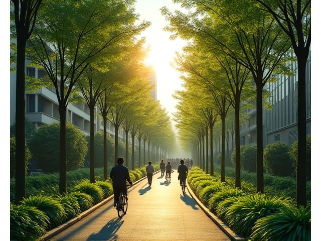 高層ビル群の間を縫うように伸びる、緑豊かな遊歩道。歩行者と自然が共存する都市の動脈。