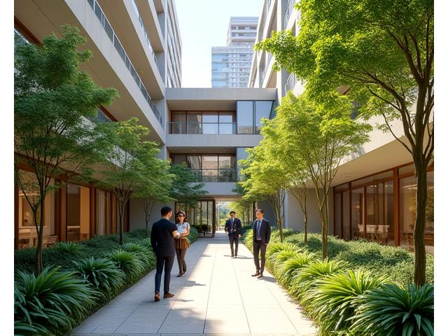 商業施設と住宅が融合した複合施設内に設けられた、手入れの行き届いた中庭。人々がリラックスしている。