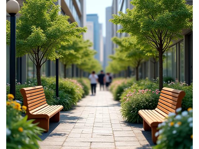 都市の小さな区画に誕生した、ベンチと低木、季節の花々がある魅力的なポケットパーク。地域住民が憩う姿。