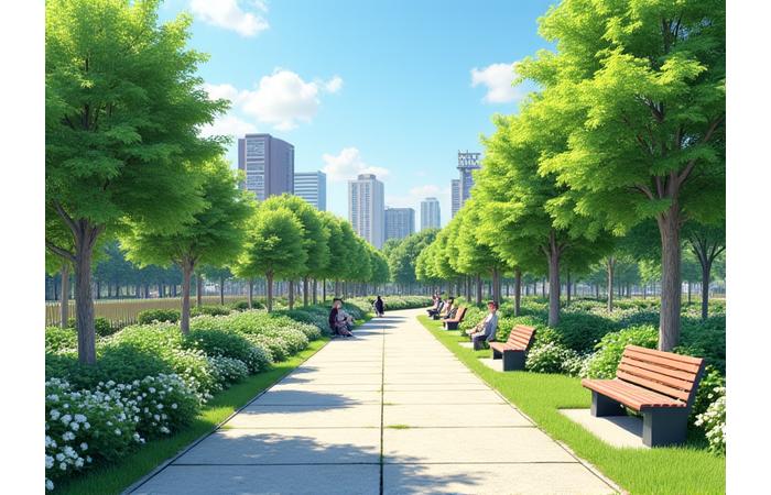 改修されたばかりの近代的な市立公園。滑り台やブランコで遊ぶ子供たち、ベンチで休む大人たち、豊かな植栽。