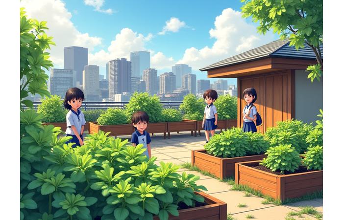 小学校の屋上にある、子供たちが植物を育てている教育的な庭園。教師と生徒が一緒に楽しんでいる。