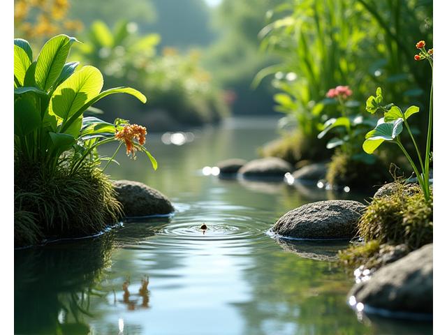 豊かな水生植物と数匹の小さな魚が共存する、透明な水で満たされた生態系池のクローズアップ