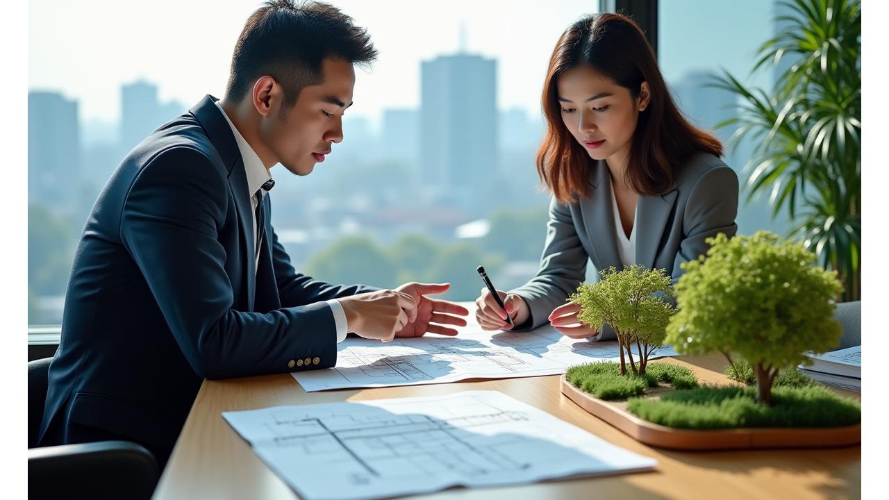 設計図面を広げ、庭園の模型を囲んで真剣に議論する二人の日本人造園専門家。窓からは東京の街並みが広がる