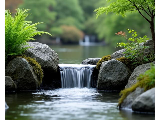 岩の間を流れ落ちる小川と小さな滝。周りには苔むした石と緑の植物が配置されている