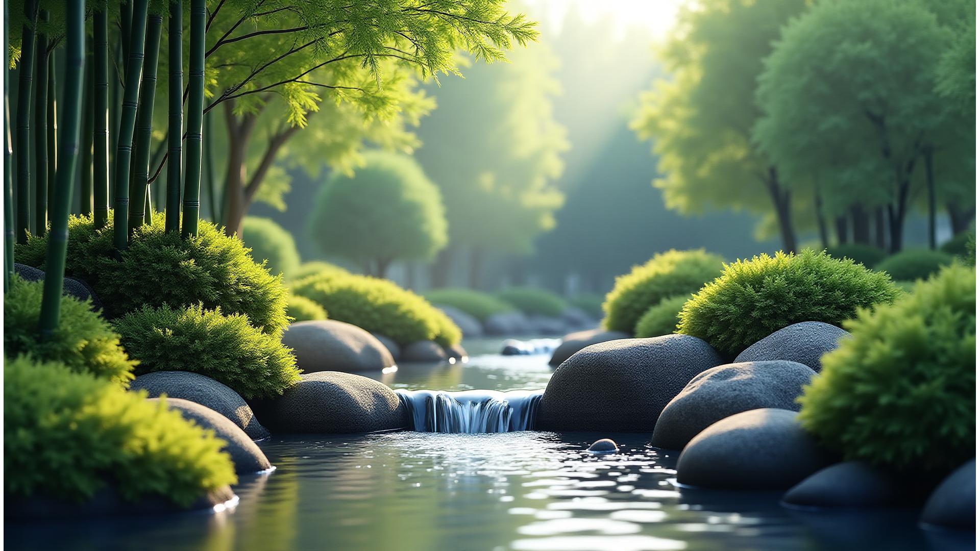 静かに流れる美しい小川のある伝統的な日本庭園。周りには緑豊かな植物が配され、日光が優しく差し込んでいる。