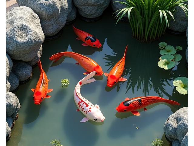 色鮮やかな錦鯉が優雅に泳ぐ、岩と水生植物に囲まれた伝統的な日本庭園の池